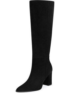 Women's Black Suede Pointed Toe Chunky Heel Comfortable Wide Calf Knee High Boot